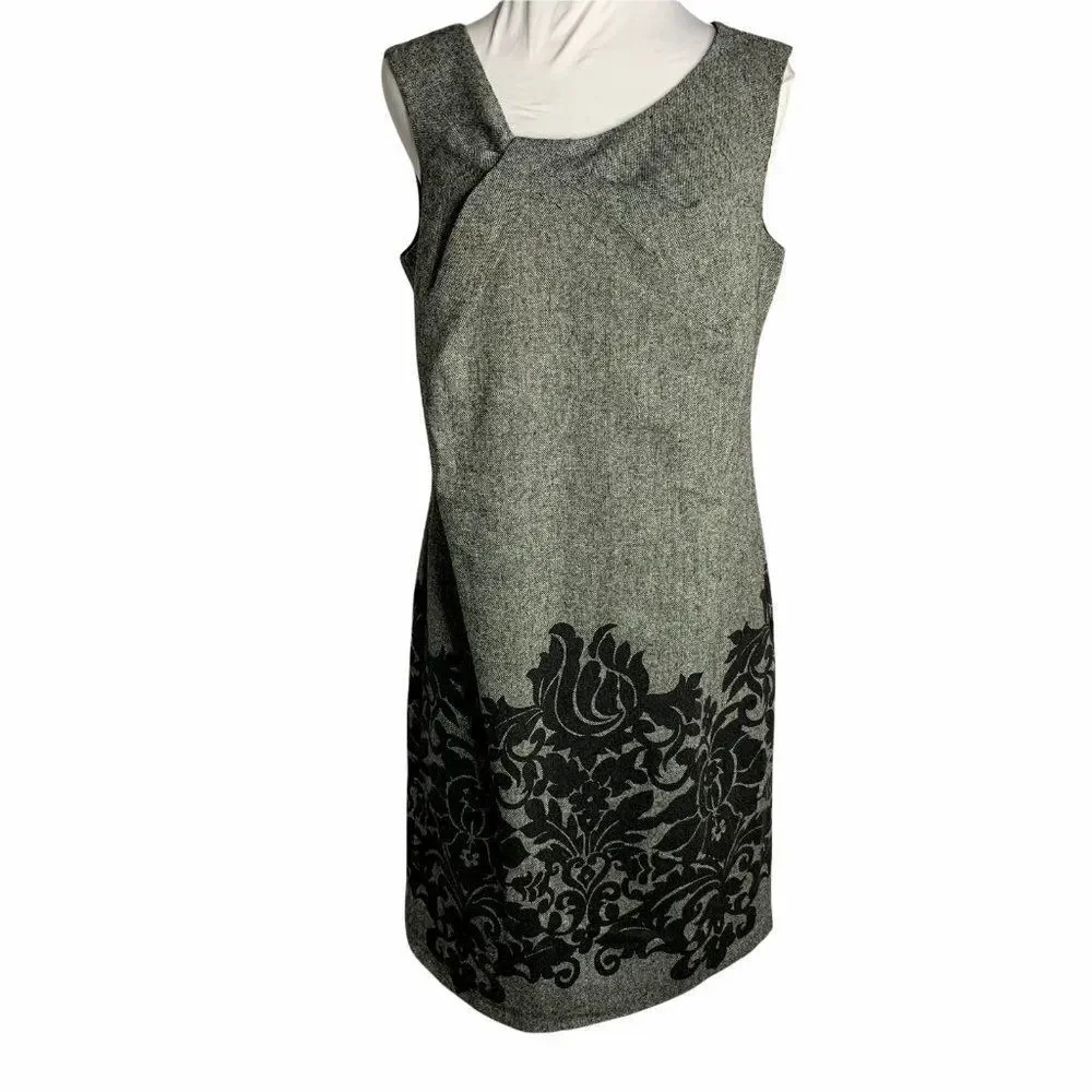 Vintage Wool Blend Sheath Dress 12 Black Floral Sleeveless Knee Length